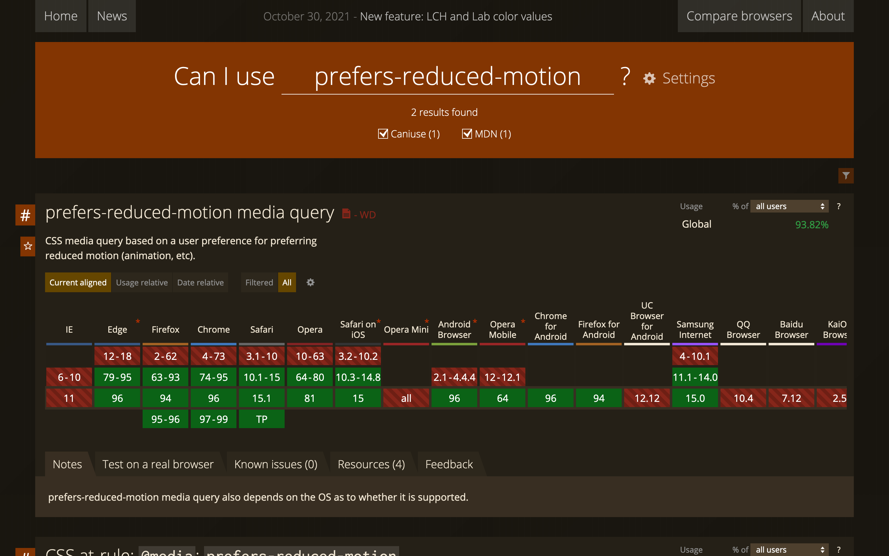 Can I use table for browser support of prefers-reduced-motion