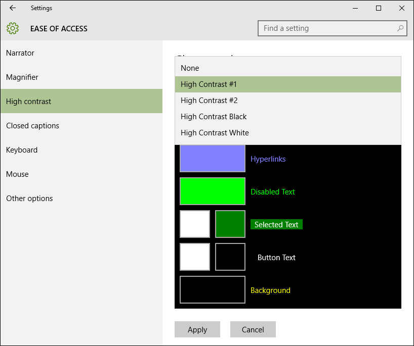 Windows high contrast settings
