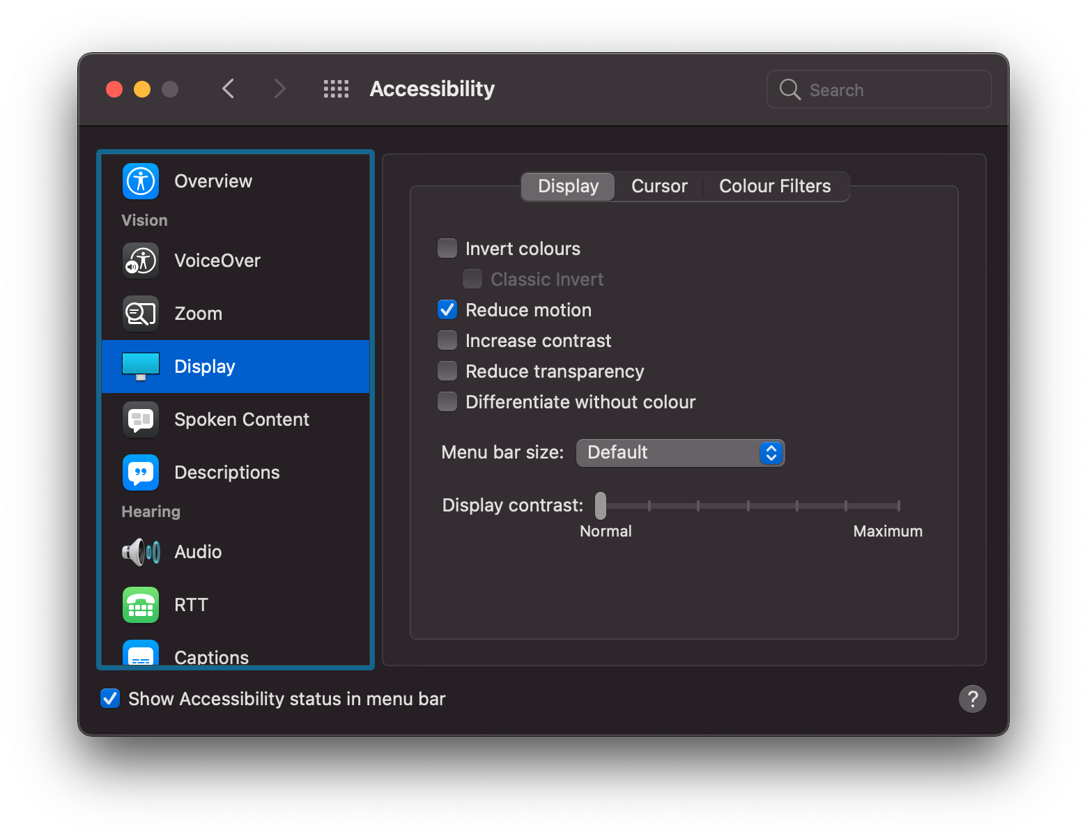Screenshot of the Mac OS accessibility settings with the „Reduced Motion“ control panel.